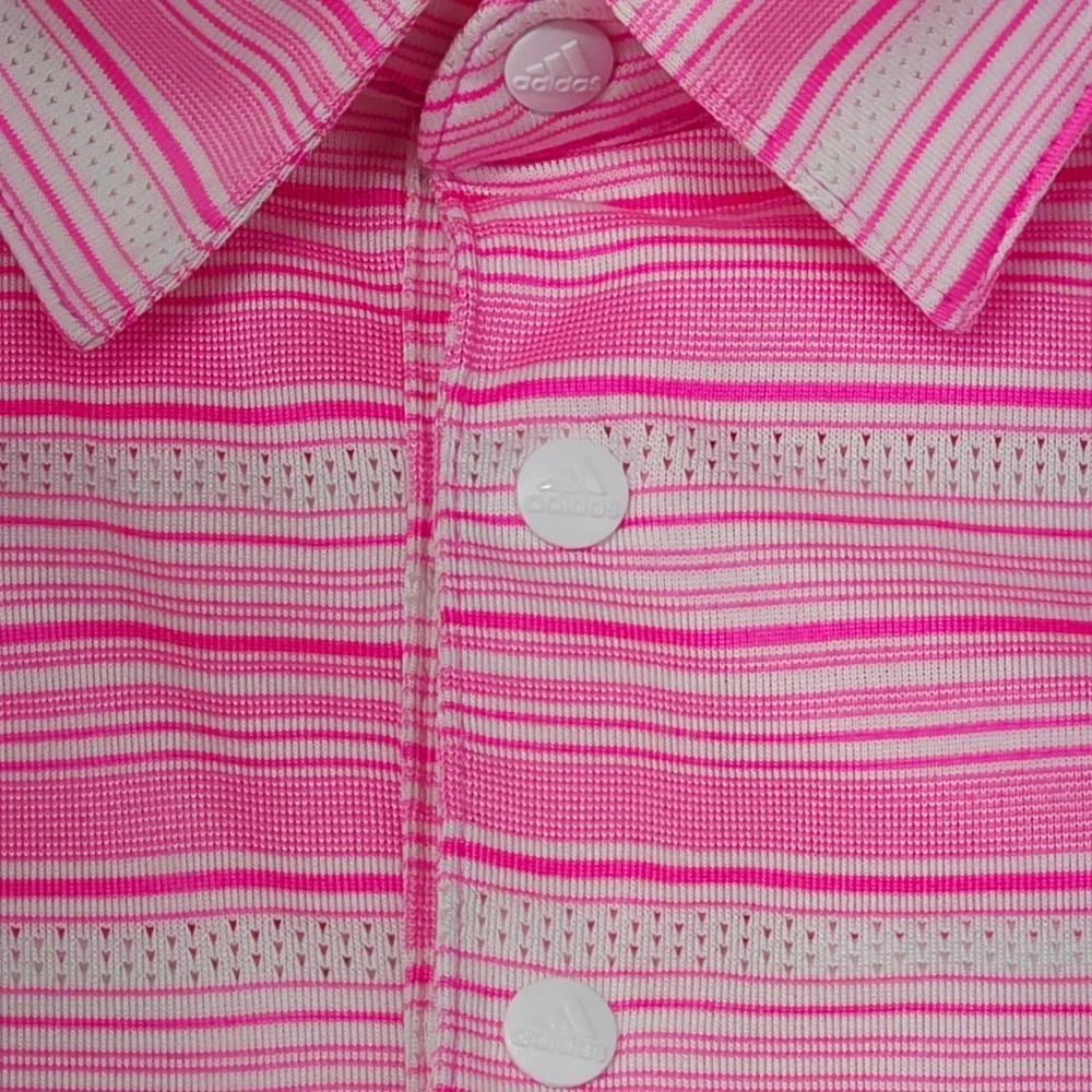 Adidas Polo Shirt Mens XL Pink White Striped Primegreen Golf‎ Short Sleeve